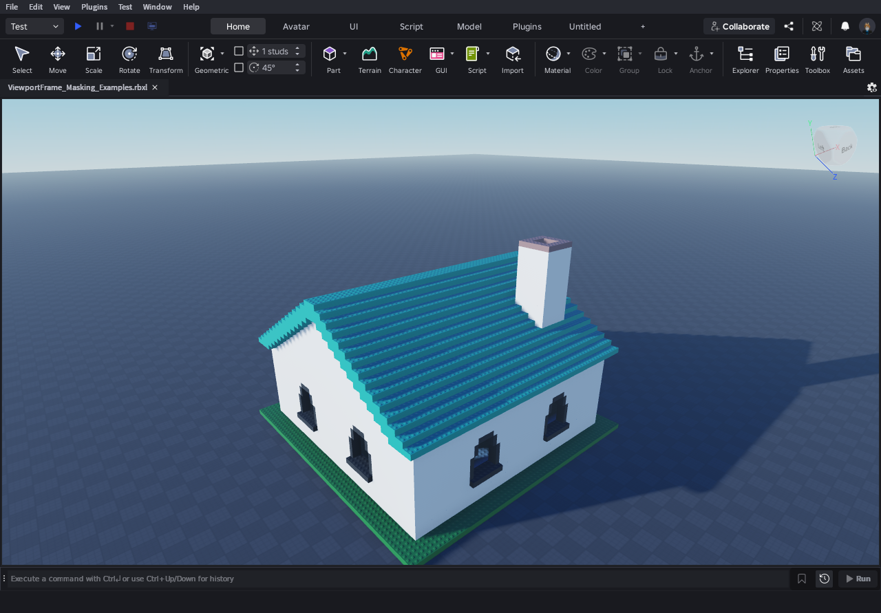 The same Roblox Studio scene after the agent recolored the roof teal and warmed the light