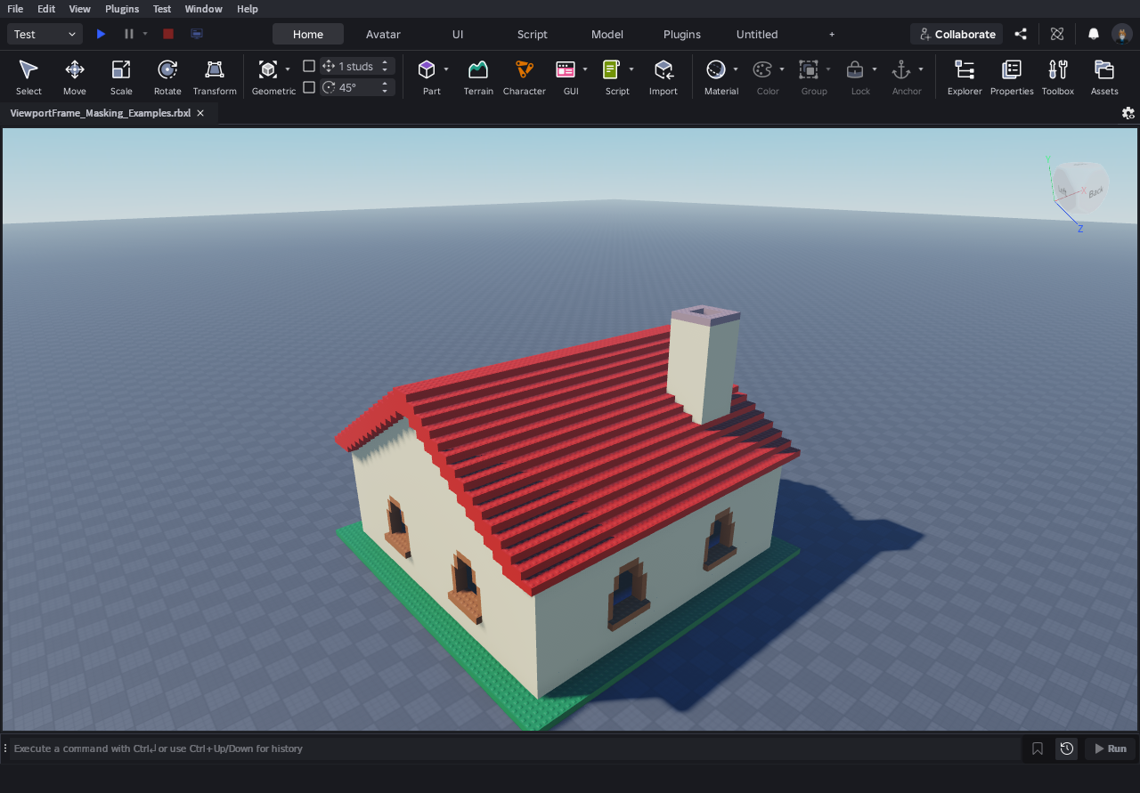 Roblox Studio with a red-roofed house on a baseplate, driven live by a Hawknet-connected AI agent