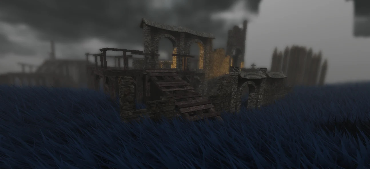 Expeditions fortress at night, with stone arches, timber paths, and blue grass.