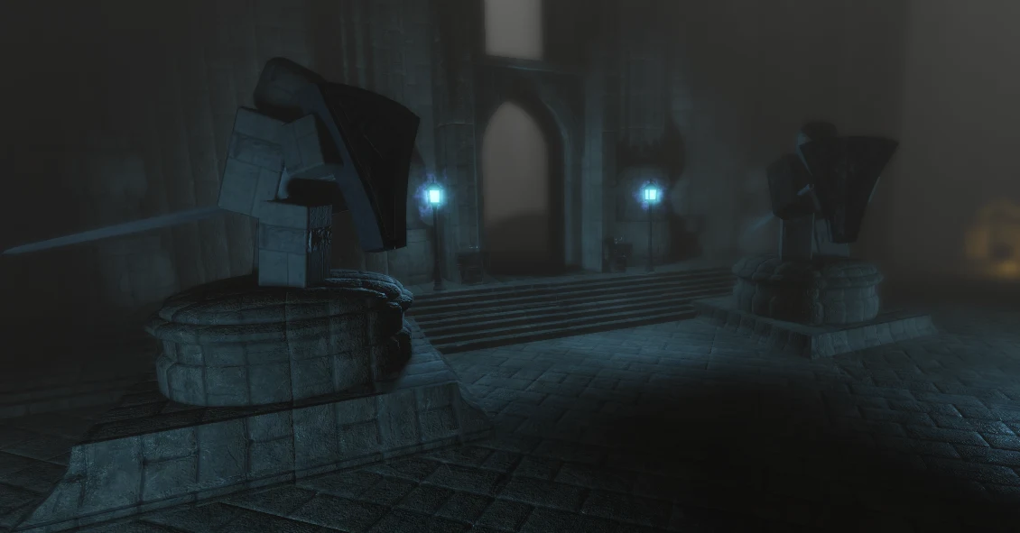 Expeditions cathedral interior with armored statues and cyan lamps.